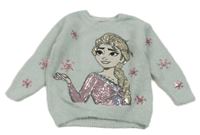 Svetlomodrý trblietavý chlpatý sveter s Elsou a vločkami z flitrů C&A