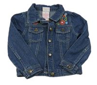 Tmavomodrá rifľová crop bunda s kvietkami a golierikom Nannette