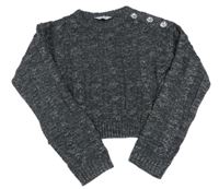 Tmavošedo-strieborný melírovaný vzorovaný oversize crop sveter s gombíkmi PRIMARK