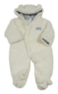 Smotanová huňatá zateplená kombinéza s medvedíkom a kapucňou s uškami