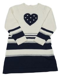 Bielo-sivo-tmavomodré svetrové šaty so srdiečkom a pruhmi Topomini