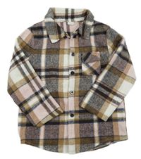 Hnědo-bílo-černo-starorůžová kostkovaná košilová bunda SHEIN