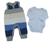 2set - Šedo-modré pruhované pletené laclové tepláky + světlemodré body Mothercare