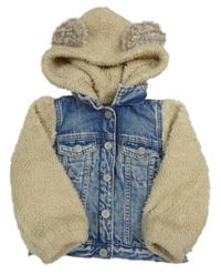 Modro-béžová riflovo/huňatá zateplená bunda s kapucí GAP