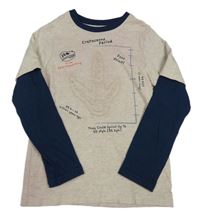 Béžovo-tmavomodré triko s 3D stopou dinosaura