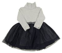 Světlešedo-tmavomodré bavlněno/tylové šaty s rolákem Matalan