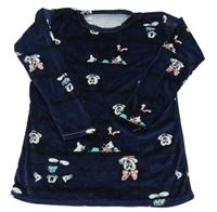 Tmavomodro-černé pruhované plyšové pyžamové triko s Minnie a Mickeym