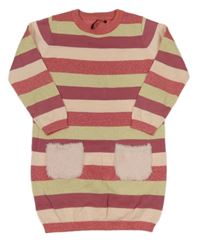 Ružovo-béžovo-vínové pruhované trblietavé svetrové šaty s chlpatými vreckami George