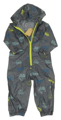 Nové - Tmavošedá šusťáková nepromokavá kombinéza s auty a kapucí Dunnes