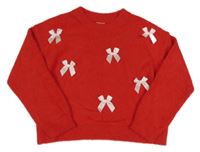 Červený chlpatý sveter s mašľami F&F