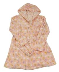 Růžový chlupatý župan s duhami a kapucí