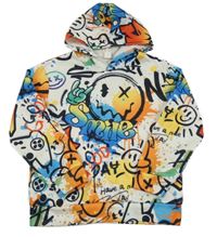 Bielo-farebná skvrnitá mikina so smajlíkmi s nápismi a kapucňou Shein