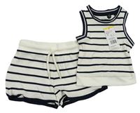 Nové - 2set - B9lo-tmavomodrý pruhovaný žebrovaný top + kraťasy F&F