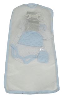 3 set - Bílé pruhované body + světlemodrá čepice + rukavice 