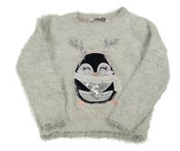 Sivý chlpatý sveter s tučňákem a flitrami Pep&Co