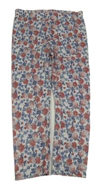 Bílo-tmavomodro-červené květované krajkové lehké kalhoty ovs