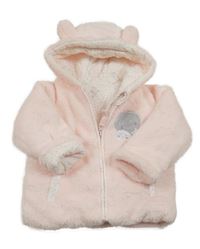 Svetloružová kožušinová zateplená bunda s obrázkom a kapucňou Early Days