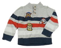 Sivo-tmavomodro-červený pruhovaný sveter s Tlapkovou patrolou Nickelodeon