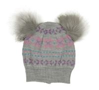 Šedo-růžová vzorovaná pletená čepice s bambulemi 