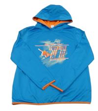 Modrá športová mikina s oranžovým lemem a potlačou a kapucňou Peacocks