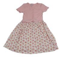 Svetloružové rebrované šaty s lehkou květovanou sukní Dopodopo