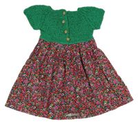 Zelené úpletové šaty s černo-růžovou květovanou sukní