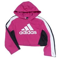 Růžovo-bílo-černá mikina s pruhy a logem a kapucí Adidas