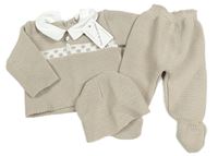 3set - Béžovo-bílý svetr s límečkem + pletené polodupky + čepice