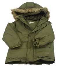 Khaki šušťáková zimná bunda s kapucňou s kožešinou Mango