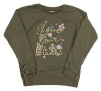 Khaki mikina s nápismi a kvetmi Primark