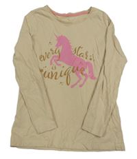 Béžové triko s jednorožcem a nápisy 