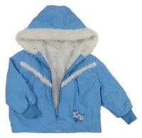 Svetlomodrá šusťková zimná bunda s květem a kapucňou