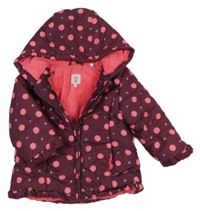 Vínovo-růžová puntíkatá šusťáková zimní bunda s kapucí 