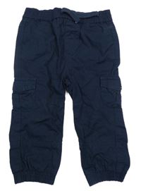Tmavomodré plátenné cargo cuff nohavice Tu
