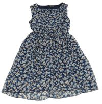 Tmavomodro-béžové květované šifonové šaty s páskem 