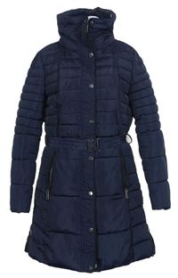 Dámsky tmavomodrý šušťákový zimný kabát s opaskom a ukrývací kapucňou Reserved