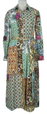 Dámske farebné vzorované košeľové šaty s opaskom Shein