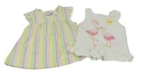 2set- barevné pruhované bavlněné šaty+ bílé tričko s plameňáky 