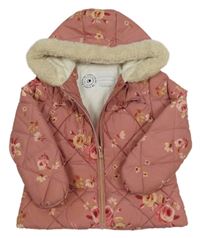 Růžová květinová šusťáková zimní bunda s kapucí F&F