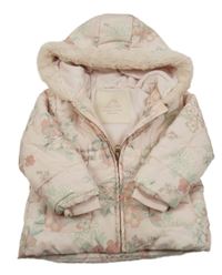 Světlerůžová květinová šusťáková zimní bunda s kapucí Next