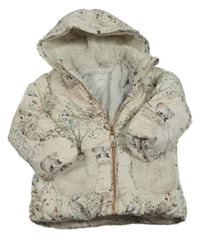 Smotanová vzorovaná zimná bunda so stromy, zvířaty a kapucňou Next