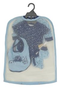 Nové - 4 set - Tmavomodré body s hvězdami + svetlomodrý overal s diny + svetlomodrý podbradník s dinem + světlemodré rukavice Lily&Jack