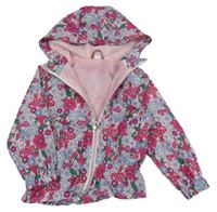 Světle-tmavorůžovo-modrá květovaná šusťáková jarní bunda s kapucí 