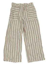 Bílo-starorůžovo-černé pruhované lněné kalhoty M&S