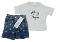 Nové - 2set - bílé tričko s nápisem + modré riflové květované kraťasy F&F