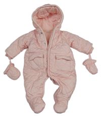 Světlerůžová šusťáková prošívaná zimní kombinéza s kapucí + rukavice Mamas&Papas