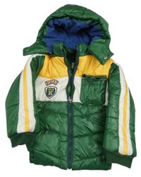 Zeleno-bielo-žltá šušťáková prešívaná zimná bunda s odopínacíá kapucňou