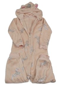 Světlerůžová chlupatá kombinéza s jednorožci a kapucí George 