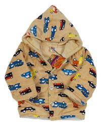 Nové - Oranžová zamatová zateplená bunda s autami a kapucňou Ma&Ma