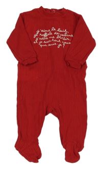 Červený žebrovaný overal s nápisem a kočkou